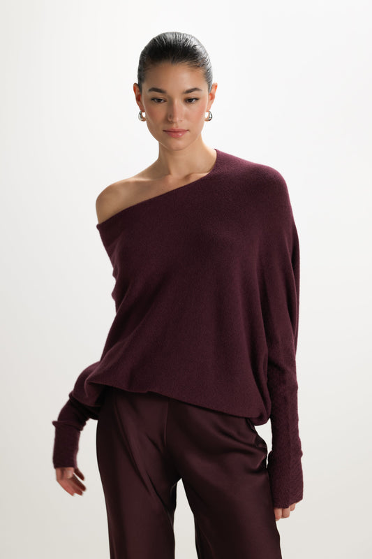 Top asymétrique en maille – Prune améthyste
